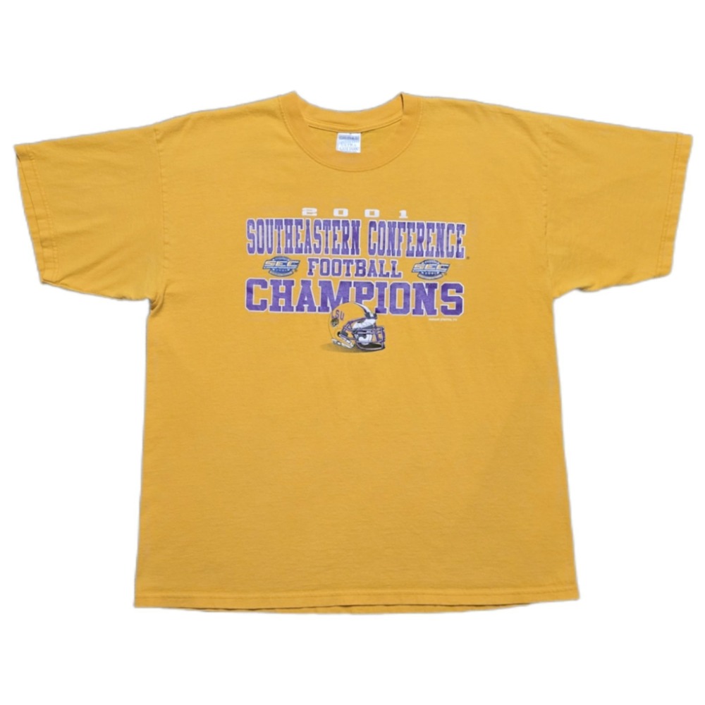 Vintage LSU Tigers Football 2001 Conference Champions T-Shirt Mens XL Gold‎